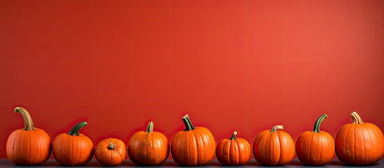 Poster - A copy space image featuring small pumpkins arranged on a vibrant red surface