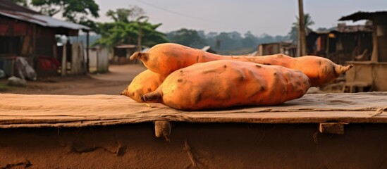 Poster - A copy space image of a sweet potato is displayed on a table for sale by the roadside