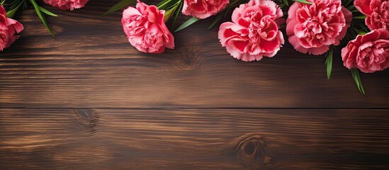 Aufkleber - A copy space image featuring beautiful carnation flowers placed on a rustic wooden table