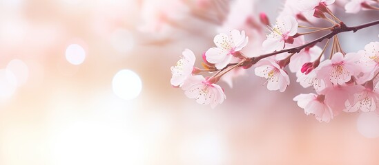 Poster - Soft pastel toned card featuring a beautiful springtime cherry blossom with bokeh background for copy space image