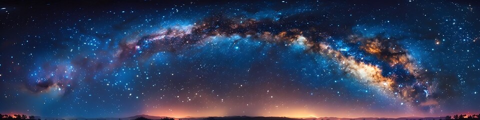 Panoramic astrophotography of visible Milky Way galaxy. Stars, nebula and stardust at night sky