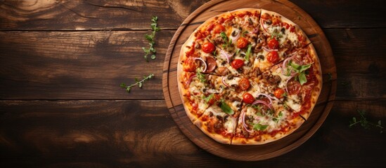 Aufkleber - A view from above showcasing a delicious pizza placed on a wooden table in a cozy cafe with ample copy space for an image