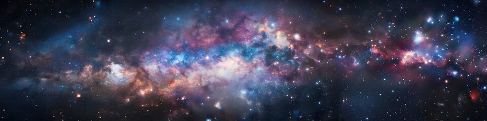 Panoramic astrophotography of visible Milky Way galaxy. Stars, nebula and stardust at night sky