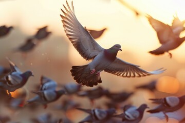 Poster - A flock of pigeons flying in the sky, suitable for various projects