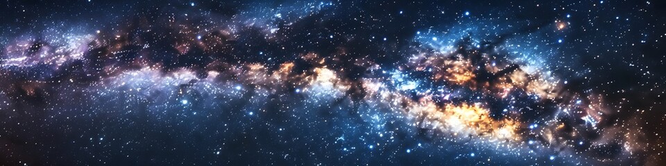 Panoramic astrophotography of visible Milky Way galaxy. Stars, nebula and stardust at night sky