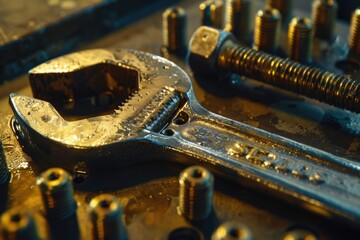 Poster - Close up of a wrench and screws on a table. Suitable for hardware and construction concepts