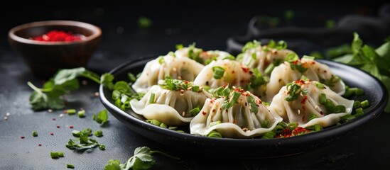 Poster - Side view close up of dumplings seasoned with pepper salt herbs and microgreens served on a gray concrete background Copy space image
