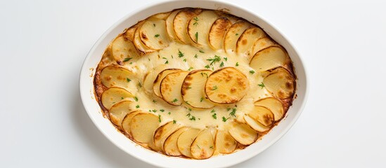 Aufkleber - A top down view of a ceramic dish filled with potato gratin rests on a white table leaving room for other elements in the image. Creative banner. Copyspace image
