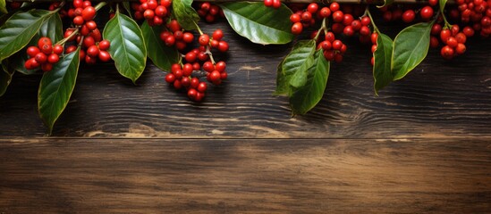 Poster - A horizontal macro copy space image showcasing the vibrant leaves and berries of a coffee tree against a rustic wooden background