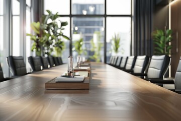 Aufkleber - Conference room with a wooden table and black chairs. Suitable for business presentations