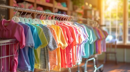 Sticker - A shopping cart overflowing with colorful baby clothes and accessories, isolated on a pastel background, symbolizing the innocence and joy