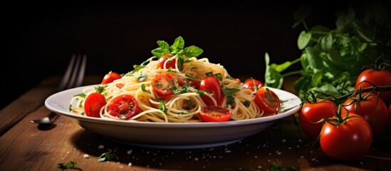 Poster - A healthy vegetarian spaghetti dish featuring fresh tomatoes and parsley placed on a rustic wooden table with a copy space image