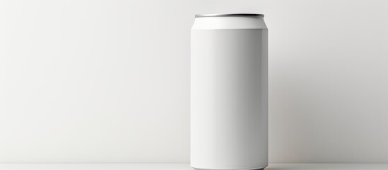 Poster - Closeup of a white can of energy drink on a light grey background with ample space for text
