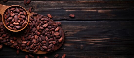 Poster - A top down view of cocoa beans placed on a dark wooden background creating a visually appealing copy space image