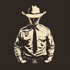 Sticker - vintage western themed simple flat vector icon of a Georgia State Patrol officer wearing a Trooper hat, a tie, full body shot, isolated on a black background