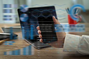Poster - Using a computer, an analysis businessman Working at a home office while standing at a desk is the Data Marketing Management System datum analytics chart and graph dashboard.