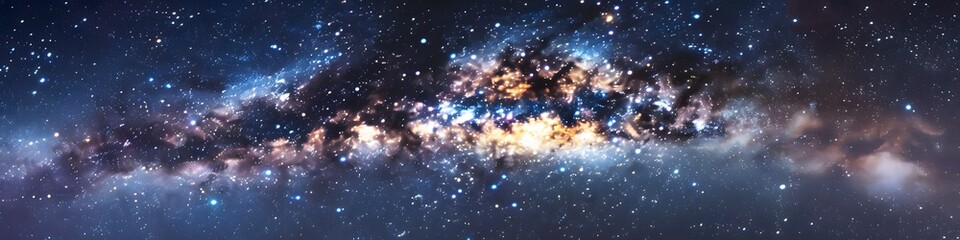 Panoramic astrophotography of visible Milky Way galaxy. Stars, nebula and stardust at night sky