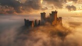 Ruined Castle in Misty Landscape,An ancient, ruined castle stands shrouded in mist under dramatic clouds, evoking a sense of mystery and history.

