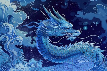 Poster - A majestic blue dragon flying in the sky. Suitable for fantasy themes