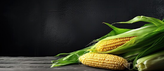 Sticker - A photo of organic sweet corn on a kitchen table with a dark gray textured background providing ample copy space