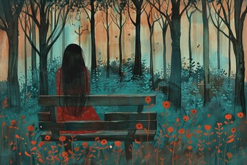 Poster - A woman sitting on a park bench, suitable for lifestyle and relaxation concepts