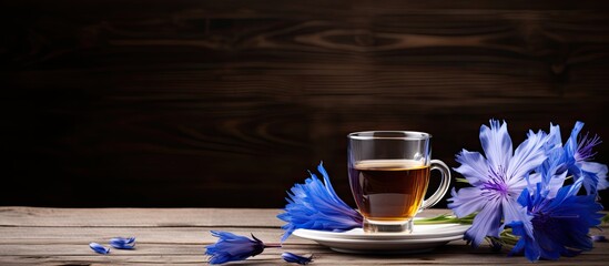 Poster - A wooden table displays a cup filled with a chicory drink accompanied by blue chicory flowers Ample negative space is available