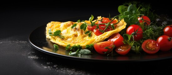Aufkleber - A healthy vegan breakfast featuring an omelette prepared with tomatoes and greens is shown in a copy space image against a dark background