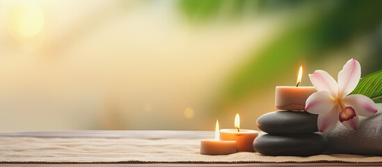 Poster - Colorful background enhances the composition of the spa treatment on the table creating a captivating copy space image