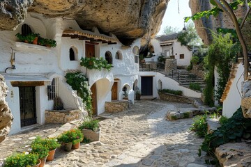 Poster - A narrow cobblestone street lined with potted plants. Ideal for urban and travel themes