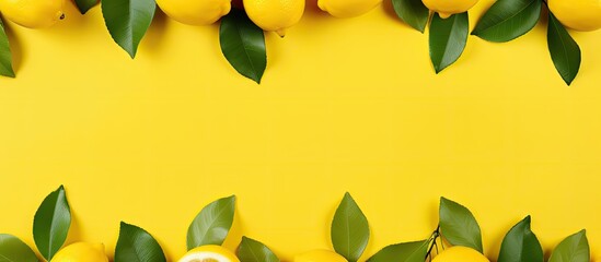Wall Mural - Flat lay copy space image of fresh lemons and leaves arranged on a vibrant yellow background providing ample space for text
