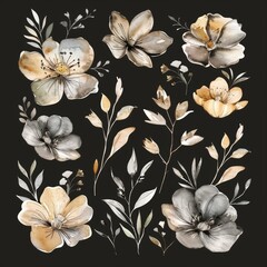 Canvas Print - watercolor neutral boho flowers, isolated on black background