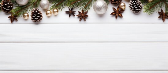 Poster - Top view or flat lay photo of a Christmas decoration placed on a white wooden board with copy space image available