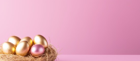 Aufkleber - A nest of golden Easter eggs sits atop a pink background creating a minimal Easter concept that offers copy space for text