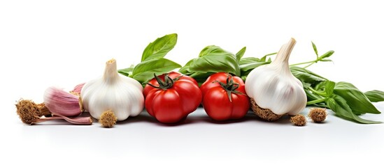 Poster - A copy space image featuring vibrant basil fresh garlic ripe tomatoes and spicy chili pepper set against a pristine white background