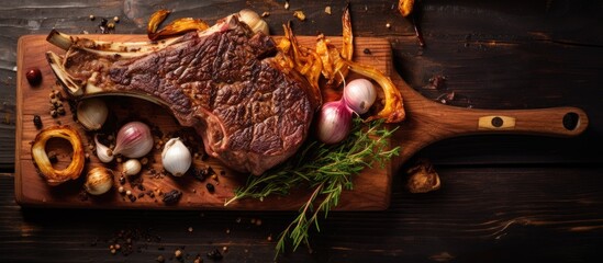 Poster - Top view of a dry aged Wagyu Tomahawk Steak with roast onion and chanterelle on an old wooden board perfect for copy space image