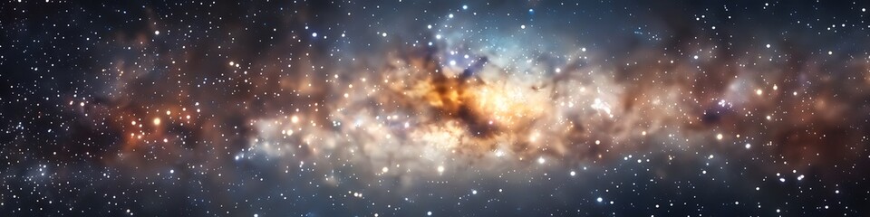 Panoramic astrophotography of visible Milky Way galaxy. Stars, nebula and stardust at night sky