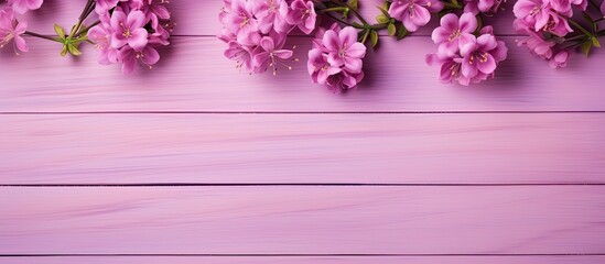 Aufkleber - A copy space image of vibrant purple flowers against a pastel bright pink wooden backdrop representing the essence of spring and summer