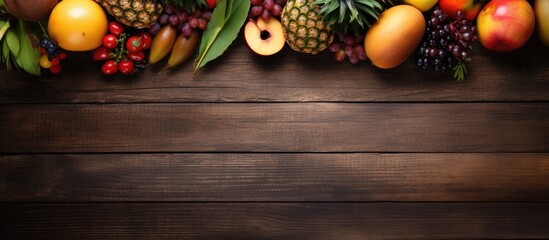 Poster - Copy space image featuring a wooden table adorned with palm oil and a variety of fresh fruits creating a tasteful flat lay composition