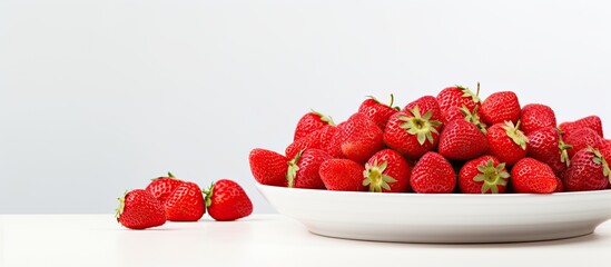 Poster - A white plate showcases vibrant red strawberries on a backdrop of white with ample copy space for customization