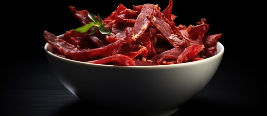 Poster - A white bowl contains jerky meat allowing for copy space in the image