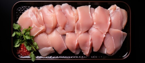 Poster - Top view of diced raw chicken breast fillets arranged on a plate with a black background providing ample copy space for the image