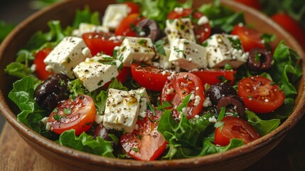 Wall Mural - Capture the freshness of a bowl of Greek salad, featuring crisp lettuce, ripe tomatoes, briny olives, and tangy feta cheese.