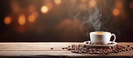 Aufkleber - In a cozy cafe setting a wooden table showcases a coffee cup surrounded by aromatic coffee beans creating a captivating copy space image