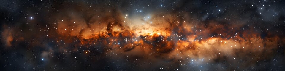 Panoramic astrophotography of visible Milky Way galaxy. Stars, nebula and stardust at night sky