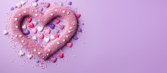 Poster - A confectionery decor featuring a heart shaped frame of sprinkles on a lilac background with a flat lay and ample space for text