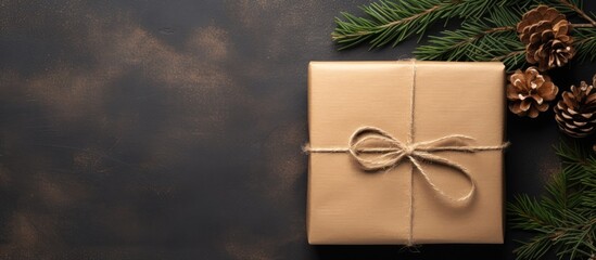 Leinwandbilder - Gift packaging with kraft paper jute cord and pine twigs arranged in a top view flat lay creating a visually pleasing copy space image