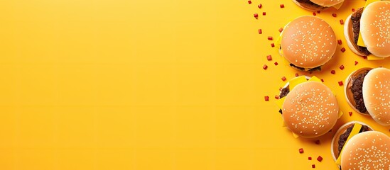 Poster - A top view of burgers on a yellow background with plenty of copy space available for additional images or text
