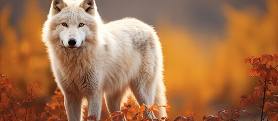 Poster - In autumn a solitary Arctic wolf stands alone in the wilderness providing a captivating image with empty space. Creative banner. Copyspace image