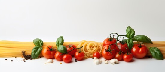 Sticker - A copy space image showing a white background with delicious tomatoes basil cheese and spaghetti