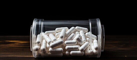 Aufkleber - A copy space image featuring white medical tablets stored in plastic containers on a wooden table against a black background